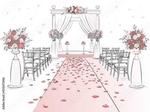 Create a bold, vector illustration of a wedding aisle, emphasizing strong lines and a clean, minimalist style. Include a single decorative element.