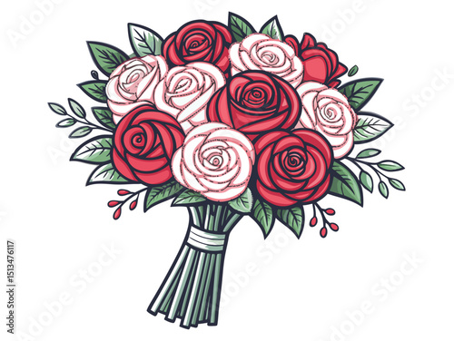 Create a bold, vector illustration of a single wedding bouquet, emphasizing thick outlines and strong color contrast.  Focus on detailed floral elements.
