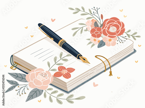 Design a bold, vector illustration of a wedding guestbook, emphasizing its elegant, thick stroke style.  Include realistic details like a bound book and blank pages.