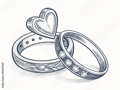 Create a bold, vector illustration of a wedding ring set, showcasing intricate details and a thick, defined stroke.  Include both a men's and women's band.