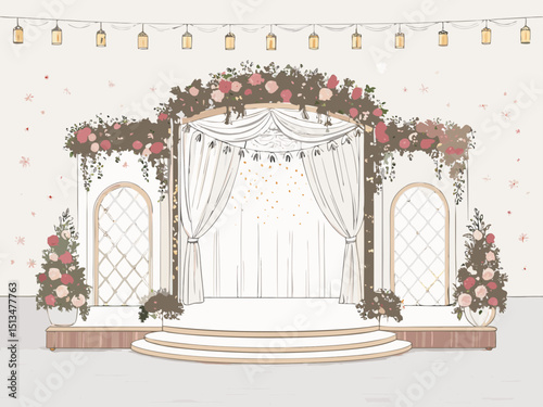 Create a bold, vector illustration of a wedding stage backdrop, featuring ornate details and a clean, minimalist style.