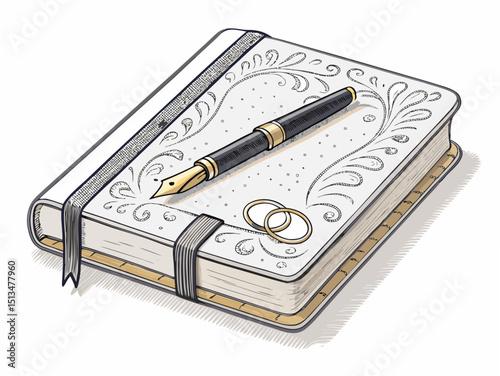 Create a bold, vector illustration of a closed wedding vow book with a thick, impactful stroke.  Design should be elegant and simple.
