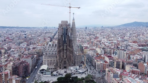 drone view of the sagrada familia basilica in barcelona