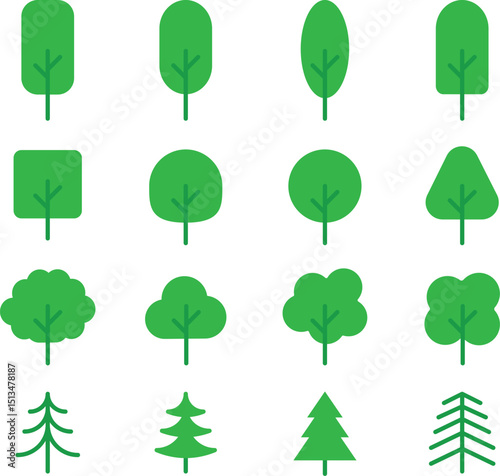 A Set of Tree Solid Icon, Simple Modern Collection for Design, Web Sites, Apps, Cards. Contains Linear Images of Deciduous and Coniferous Trees