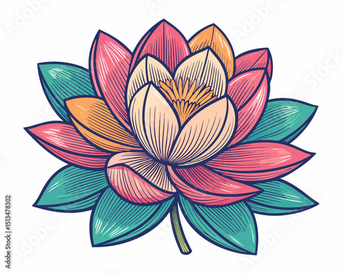 Create a bold, vector illustration of a blooming lotus flower with thick, impactful outlines.  High detail, vibrant color.