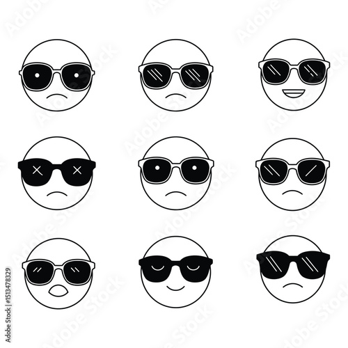 Minimalist Emoji Faces with Sunglasses – Black and White Vector Icon Set Featuring Cool Expressions for Digital Use, Web Graphics, and Creative Projects
