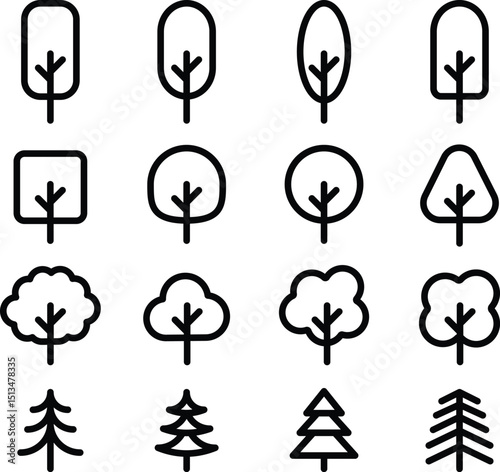 A Set of Tree Bold Icon, Simple Modern Collection for Design, Web Sites, Apps, Cards. Contains Linear Images of Deciduous and Coniferous Trees