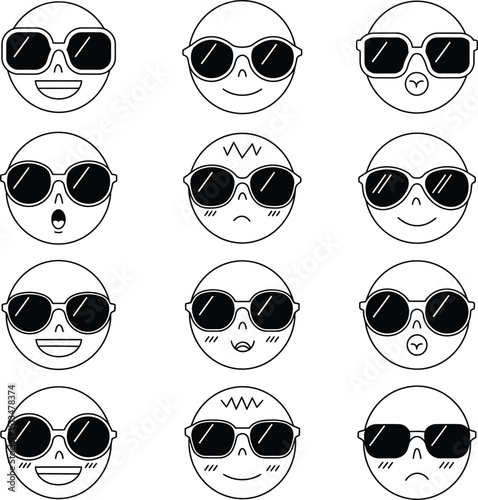 Black and White Sunglasses Emoji Vector Set – Minimalist Icon Pack with Cool Faces and Fun Expressions for Social Media, Stickers, and Digital Designs