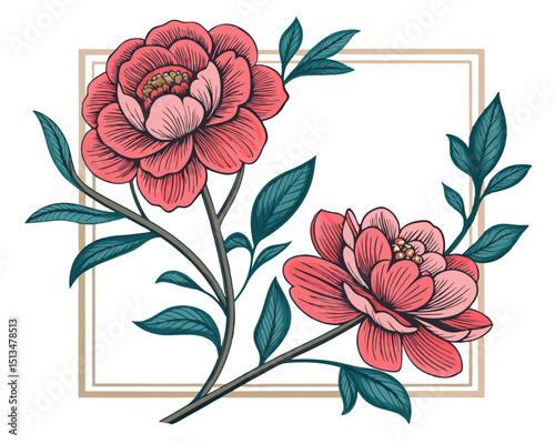 Create a bold vector illustration of two intertwined flowers, emphasizing thick outlines and vibrant colors.  Focus on intricate detail within the floral design.