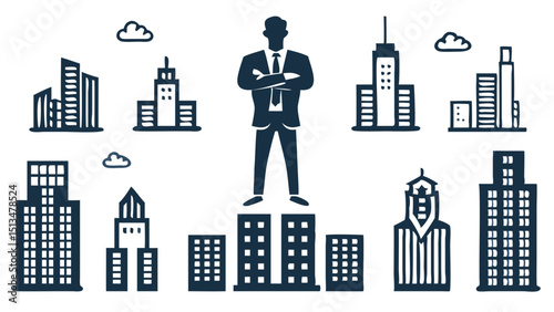 Business Visionary Leadership Skyline Ambitious Man on Top Building Growth Cityscape Perspective