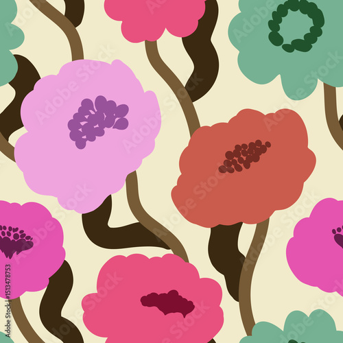 Seamless floral pattern with large, stylized flowers in pastel pink, blue, orange, yellow and green, set on a light background with dark green winding stems. Print in a minimalist style