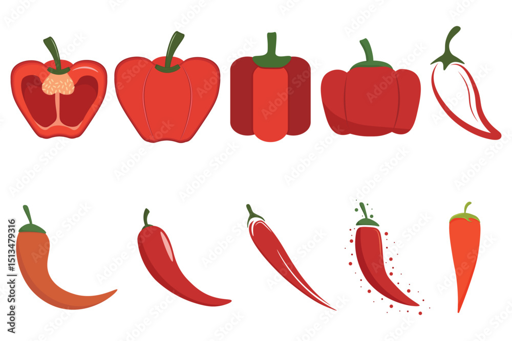 Set of red peppers slices. Bell and chili peppers for organic cooking recipes. Spicy papper