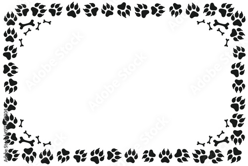 Cute pet frame with animal paw prints and bone patterns. Cat or dog paws border