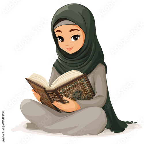 Young Girl Reading a Book in Traditional Attire