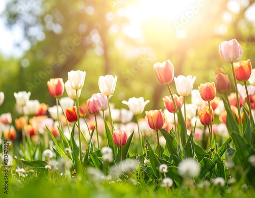 Spring tulips in a sunny meadow