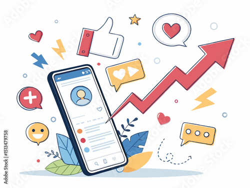 Design a bold, vector illustration of social media engagement icons;  think likes, comments, shares, etc., with strong outlines.