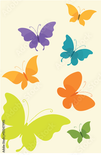 Six vibrant butterflies—purple, yellow, blue, orange, and green—gracefully float across a cream sky, bringing movement, color, and harmony to nature’s playful canvas.