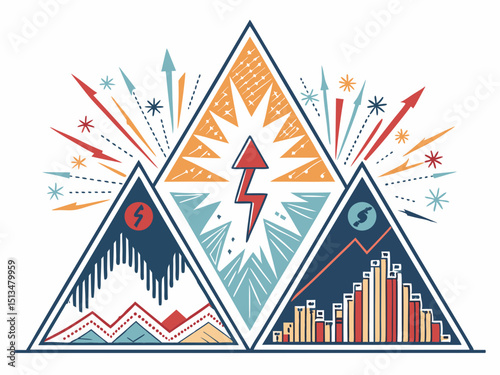 Design a vector illustration of a bold-stroked triangle breaking out of a geometric pattern.  Focus on clean lines and strong contrast.