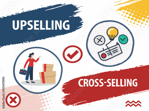 Design a bold vector illustration depicting effective upselling and cross-selling strategies for a business.  Show visual metaphors for increased sales.