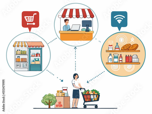 Design a bold vector illustration depicting effective upselling and cross-selling strategies in e-commerce, showcasing product bundles and related item suggestions.