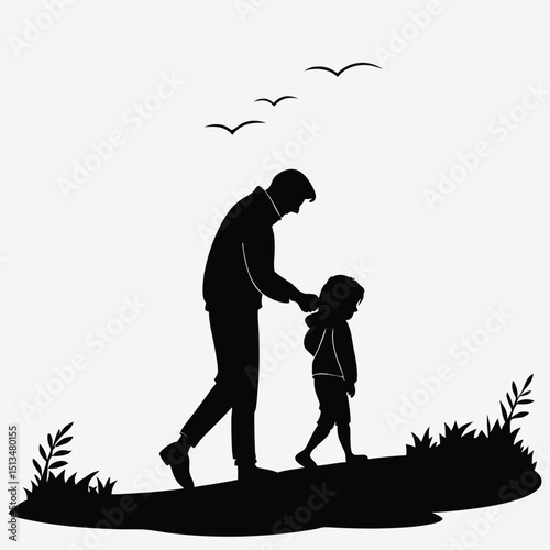 father and child watching a sunset silhouette  image vector art and illustration