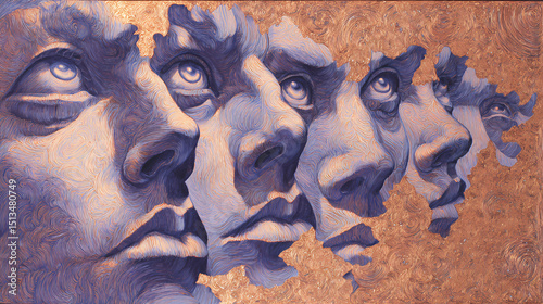 magazine visual on subconscious | self-aware illusion | lucid paranoia | copper light and shadow purple | recursive frame composition | distorted faces | temporal liquefaction | symbolic shadow