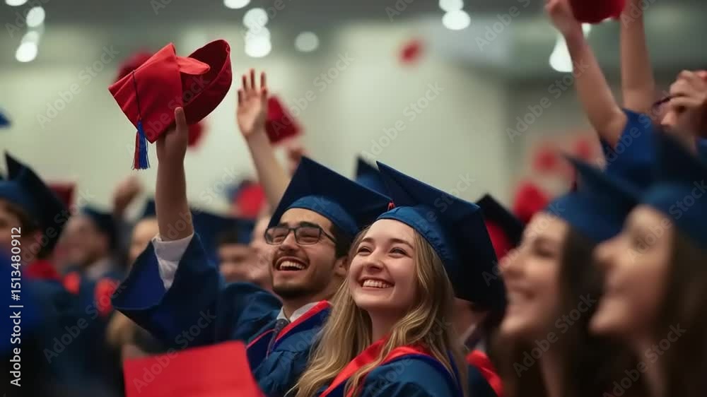 Celebratory graduation ceremony with joyful students in caps and gowns, cheering in a vibrant hall