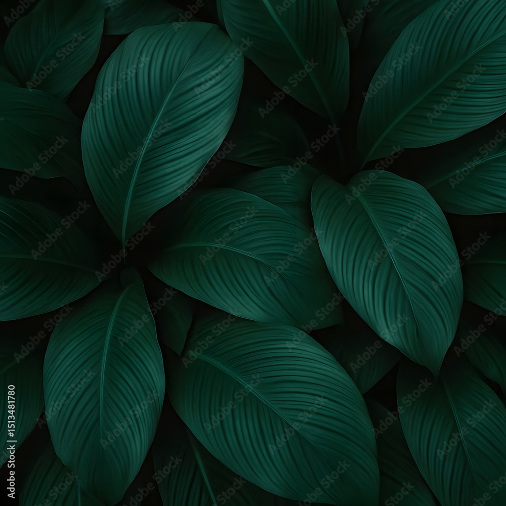leaves of Spathiphyllum cannifolium in the garden, abstract green texture, nature dark tone background, tropical leaf