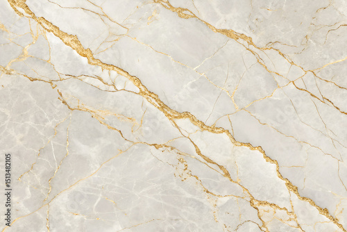 Elegant marble surface with a white and light gray background, accented by prominent gold veining, showcasing luxurious geological patterns for design applications. generative ai