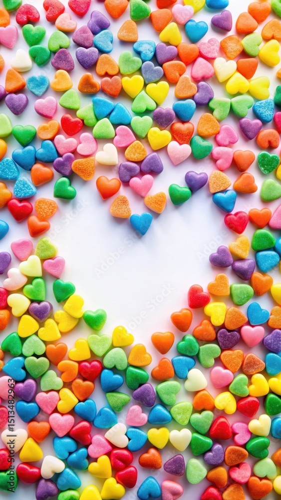 Obraz premium Rainbow-colored candy hearts scattered on a white background with a few pieces stuck together