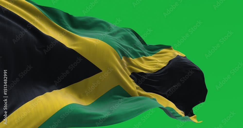 National flag of Jamaica fluttering in the wind isolated on green background