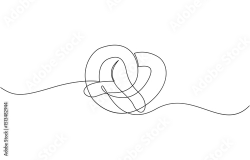 One line continuous pretzel bakery symbol concept, Hand drawn line art doodle german street food salty snack bread, Digital white single line sketch drawing vector illustration. Editable stroke.