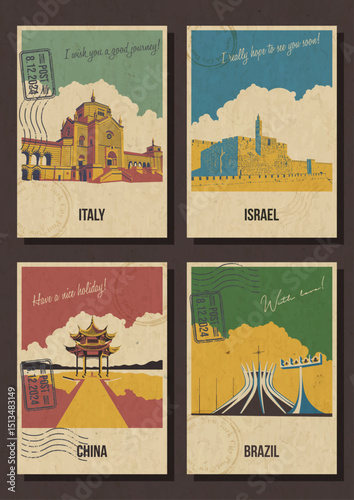 Italy, Israel, China, Brazil Main Attractions Postcard Set, Milan Monumental Cemetery, Jerusalem Tower of David, Jixian Pavilion, Cathedral of Brazil Illustrations. Retro Postcards Style Illustrations