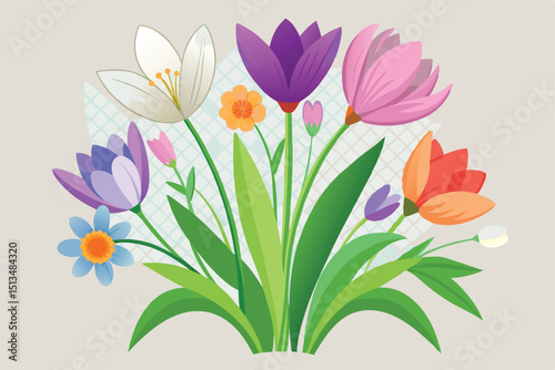 Colorful Spring Flower Bouquet Illustration with Various Shapes and Colors