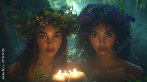 Two women in floral crowns, bathed in candlelight, in a forest