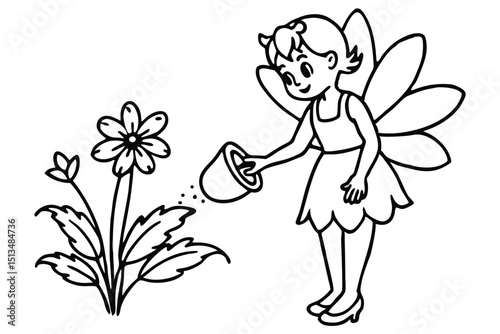Cute fairy watering a flower hand drawn illustration black and white