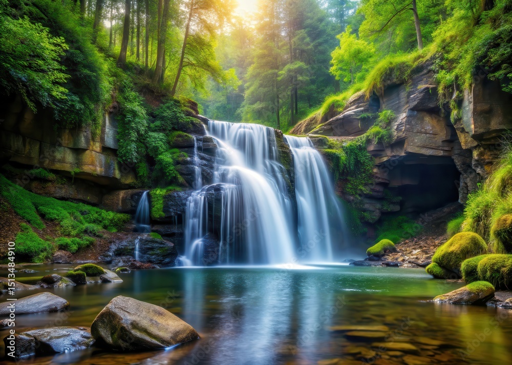 Fototapeta premium waterfall cascading down rocky cliffside into serene forest stream