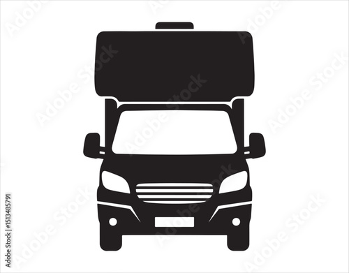 Motorhome emblem. Camper, minivan. Black shadow. Frontal view. Basic vector graphic illustration. Isolated item on a white background. Isolate

