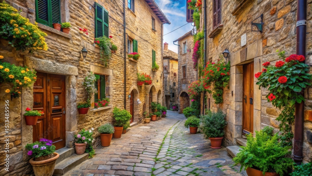 Fototapeta premium Narrow cobblestone street lined with ancient stone buildings and overflowing flower boxes in Tuscany Italy