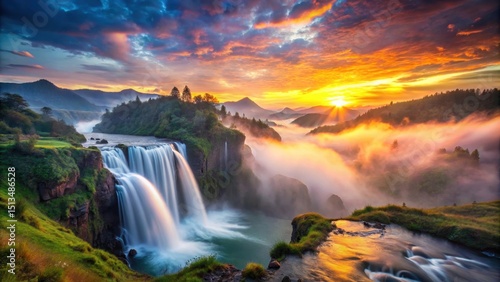 Mountain landscape at dawn with misty waterfalls and vibrant colors