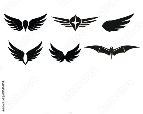 wing vector set, wing logo designs. Various artistic wing illustrations, bird, angel, bat, eagle, and minimalist wing icons for branding, tattoos, emblems, or fantasy design projects