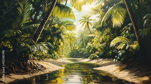 Lush tropical waterway scenery with abundant vegetation and calm waters