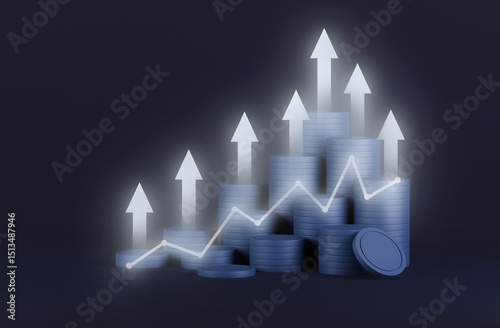 Money saving business concept. coin stack with growing business graph arrow of success financial. economic market chart digital stock currency strategy wealth management . 3d rendering.