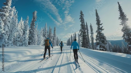 Wallpaper Mural Three individuals enjoy cross-country skiing groomed trail through winter wonderland. Snow-laden pine trees line path under bright blue sky. It's picturesque outdoor recreation. Torontodigital.ca