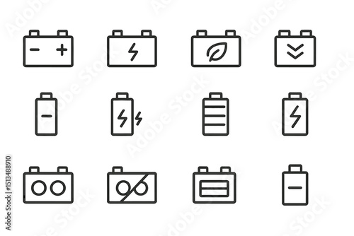 Variety of battery symbols illustrating different statuses and types in electronic devices