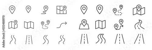 Collection of minimalistic travel and navigation icons showcasing various map symbols and pathways
