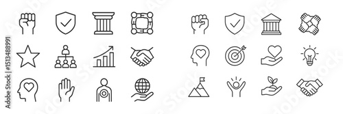Collection of hand-drawn icons representing concepts of community, growth, and collaboration in a simplistic style