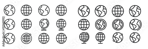 Various globe designs showcasing different styles of representations around the world in line art