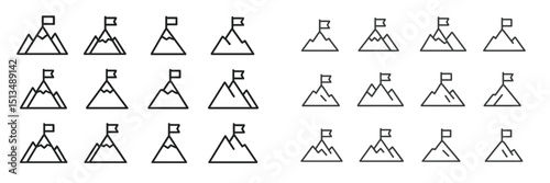 Mountain icons set showcasing various elevations and peaks with flags during daylight against a simple background