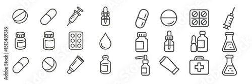 Collection of medical icons depicting various forms of medicine and healthcare products arranged in a grid layout